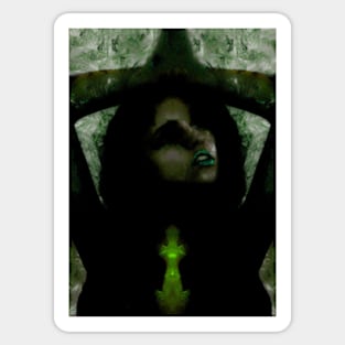 Portrait, digital collage, special processing. Beautiful but dark, like witch, woman. Tale. Green. Sticker